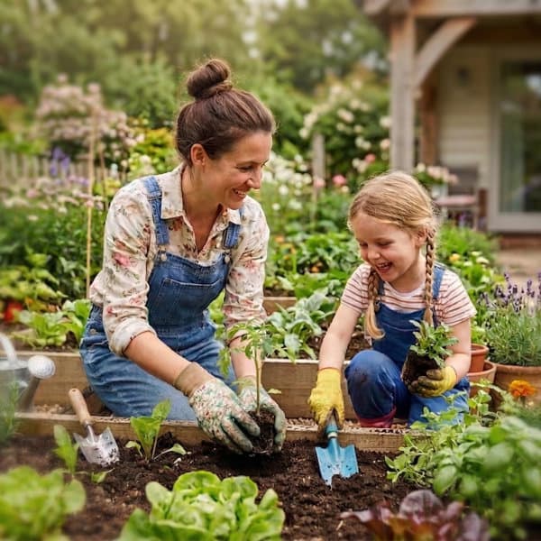 Mother and daughter gardening